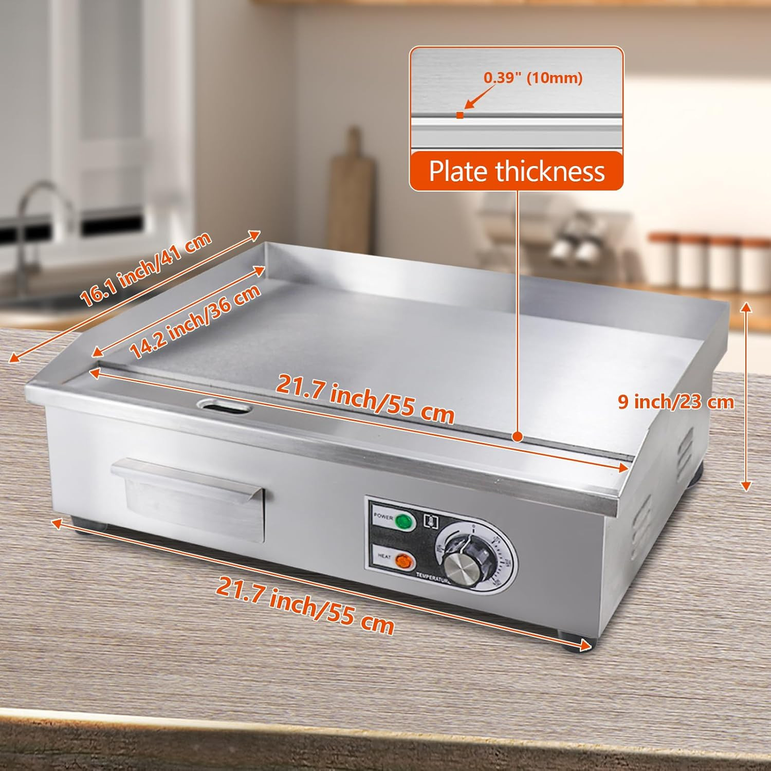22″ Electric Griddle – Non-Stick Stainless Steel, Adjustable Temp, 1600W