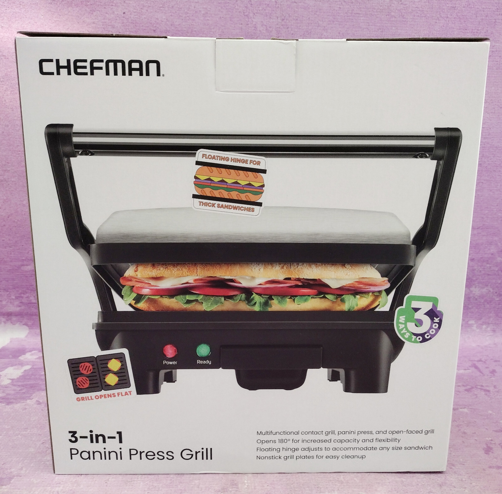 Indoor Panini Press Grill 3-in-1 Electric Chefman Opens Flat for Grilling NEW