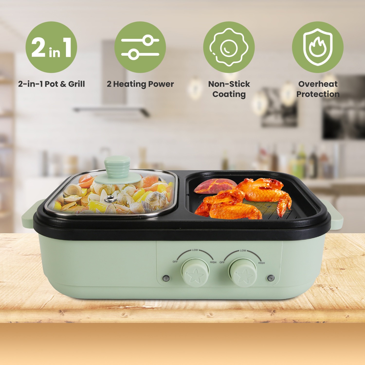 Electric Hot Pot w/ Grill Model&Glass Lid Fast Heating Cooker Serving 1-2 People