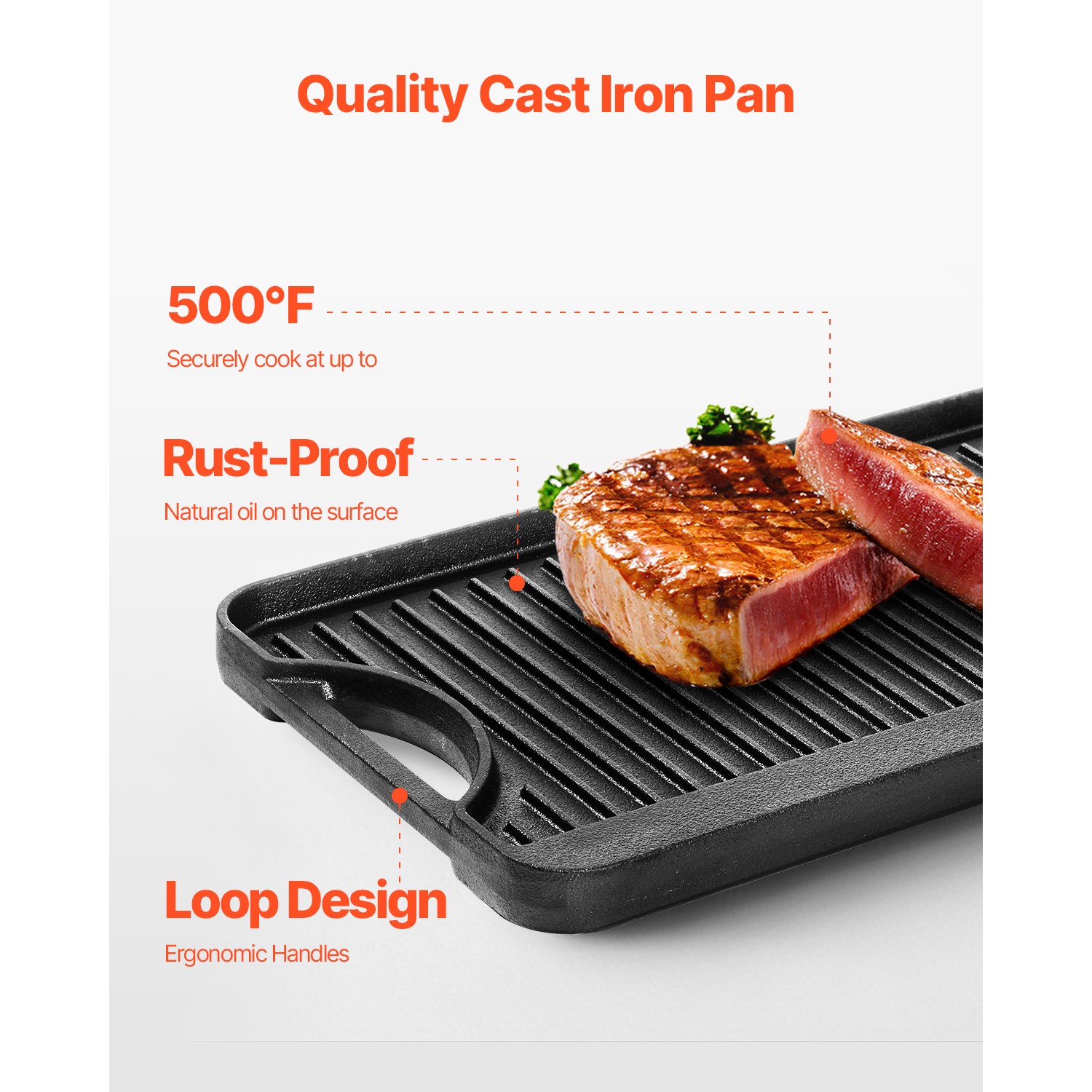 20x10in Reversible Grill Griddle Pre-Seasoned Rectangular BBQ Pan Cast