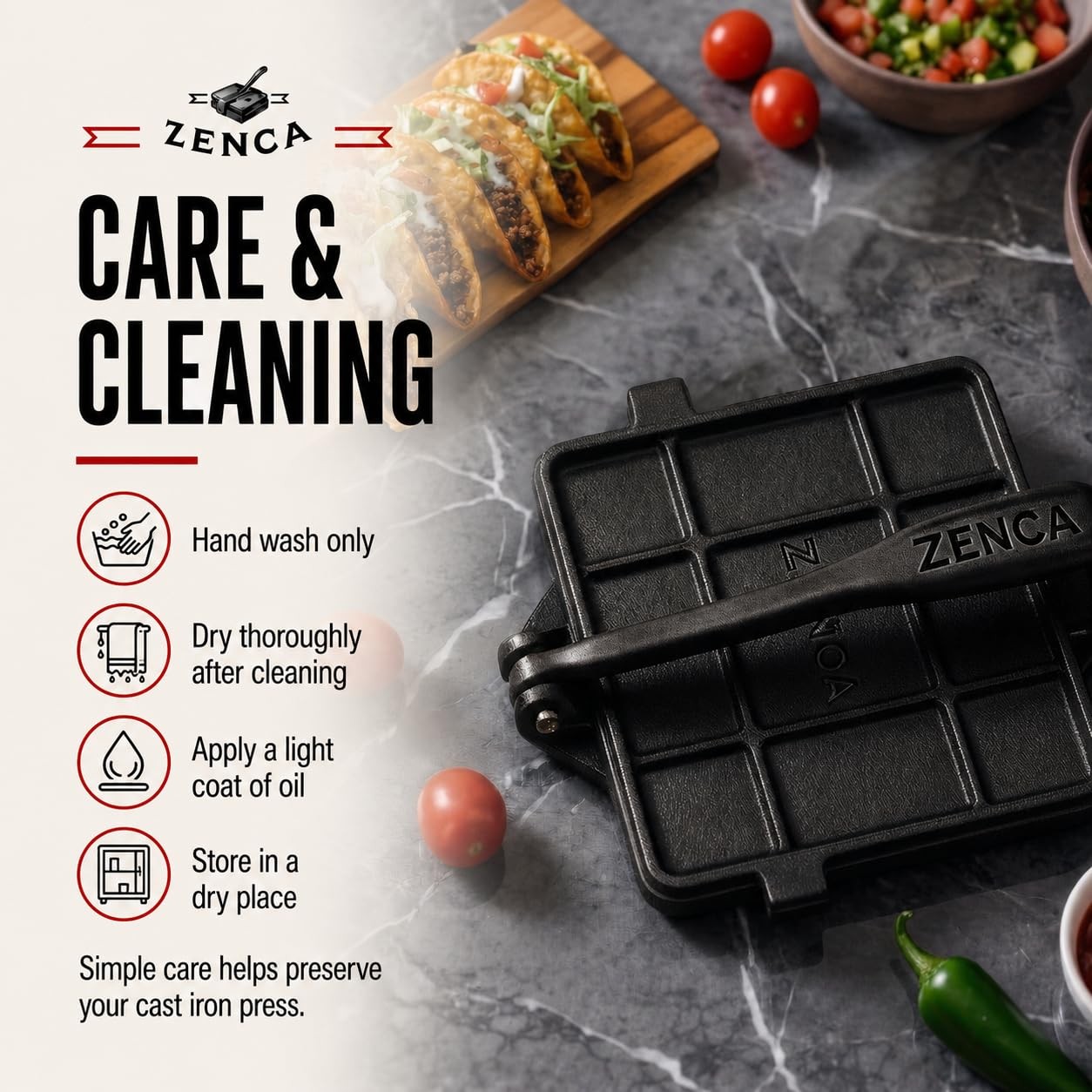 ZENCA 8-Inch Square Cast Iron Tortilla Press, Heavy-Duty 8 Inch, Black