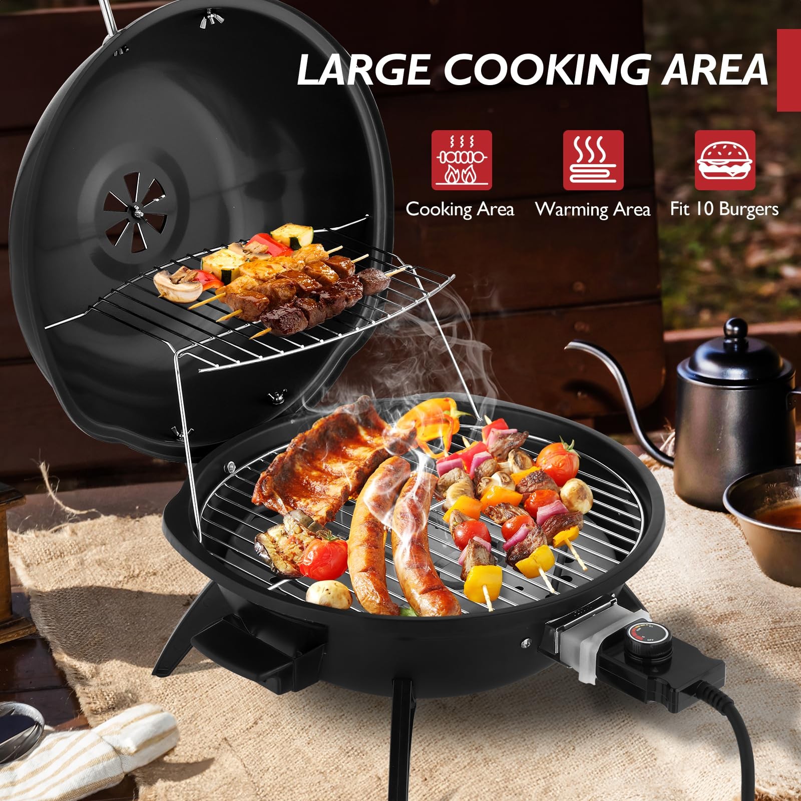 1600W Vertical Electric Grill w/Lid,Red 304 Stainless Steel Grill,Black Tabletop