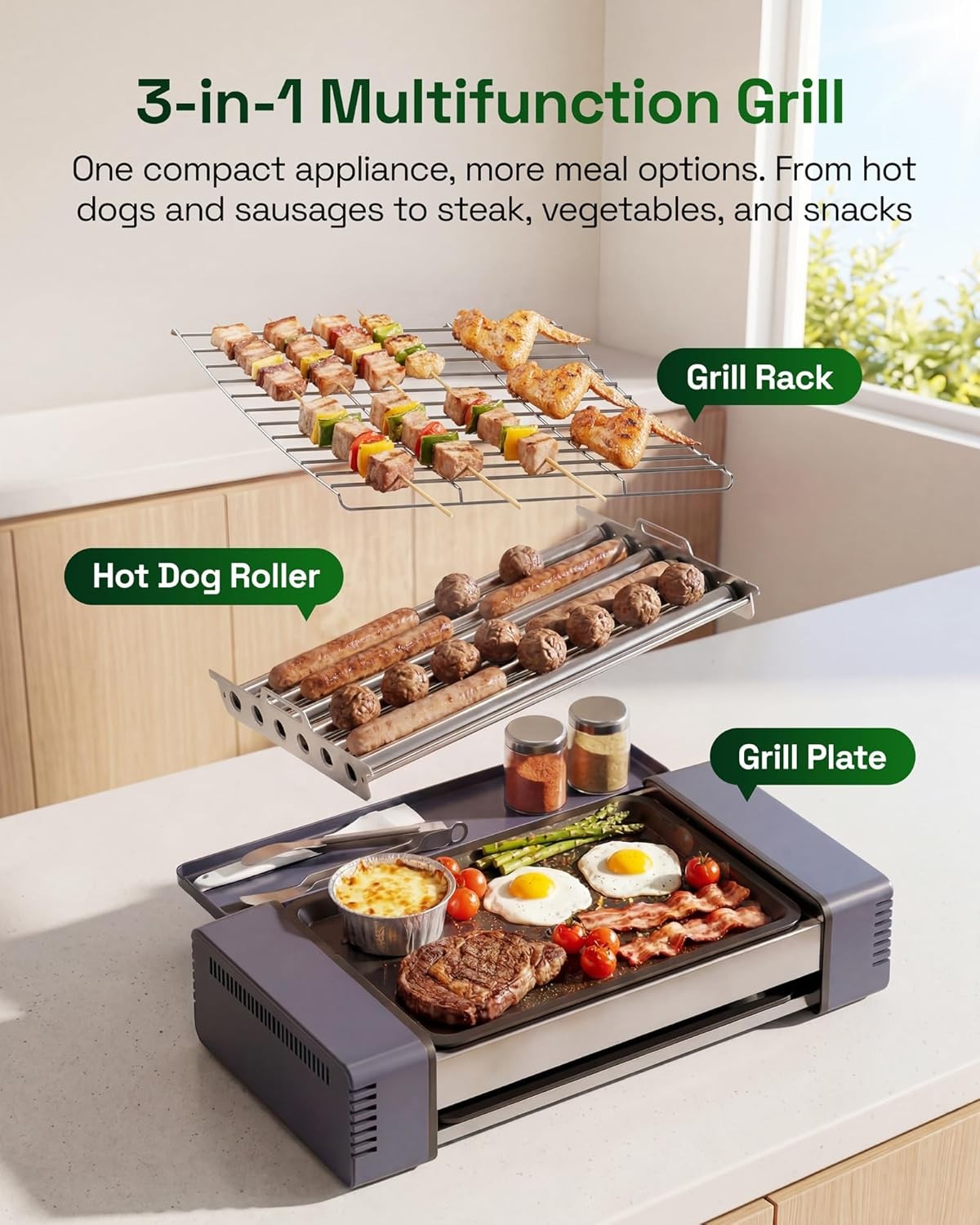 Indoor Grill and Electric Griddle 3-in-1 Smokeless Indoor Grill with Grill Rack