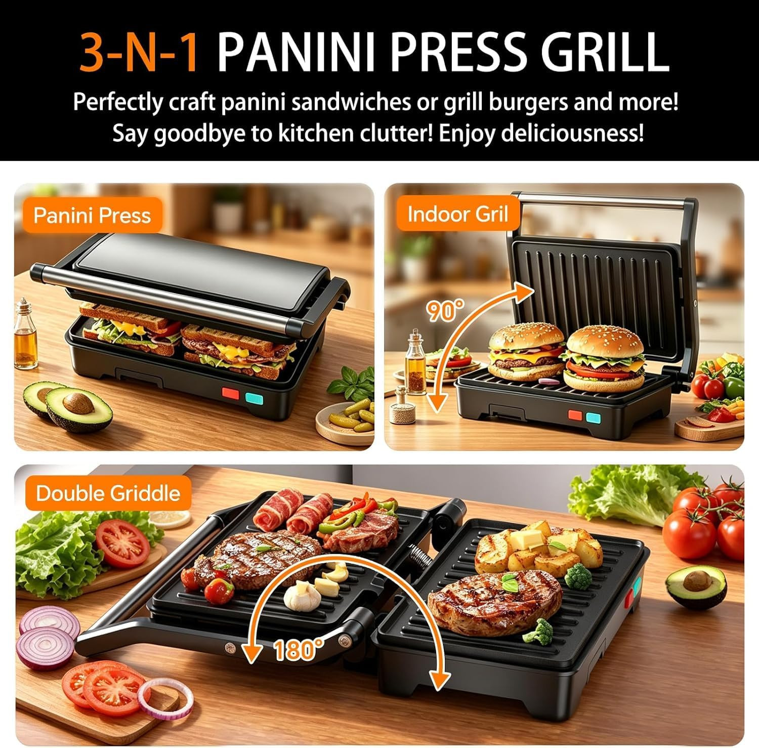 Panini Press Grill, Sandwich Maker with Non-Stick Coated Plates & Removable Drip