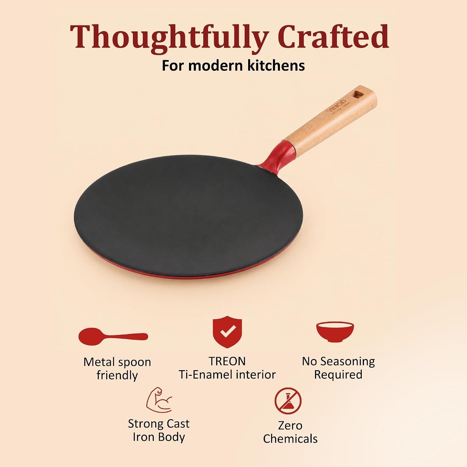 Vinod Freya Cast Iron Roti Tawa Gas Induction TREON Enamel Beechwood