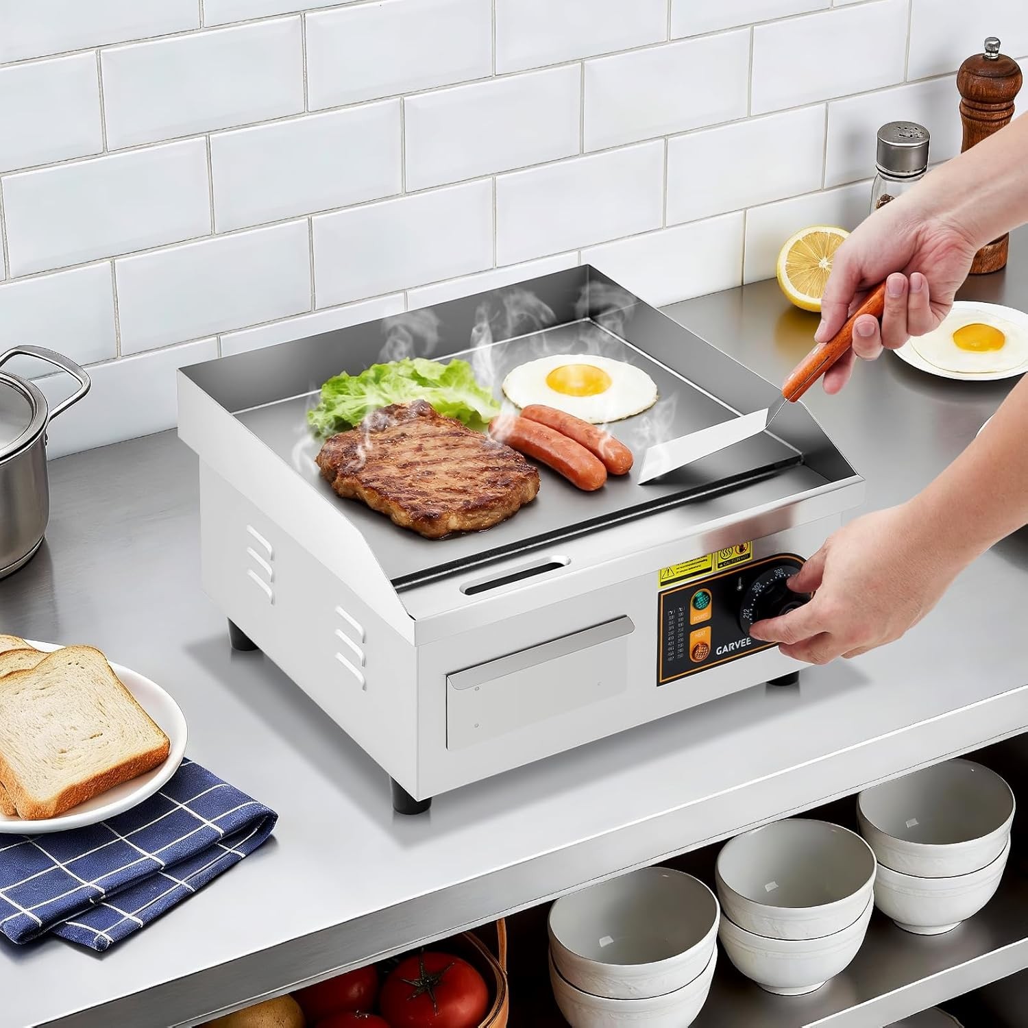 14in Electric Griddle 1700W Countertop Flat Top Stainless Steel Griddle Grill