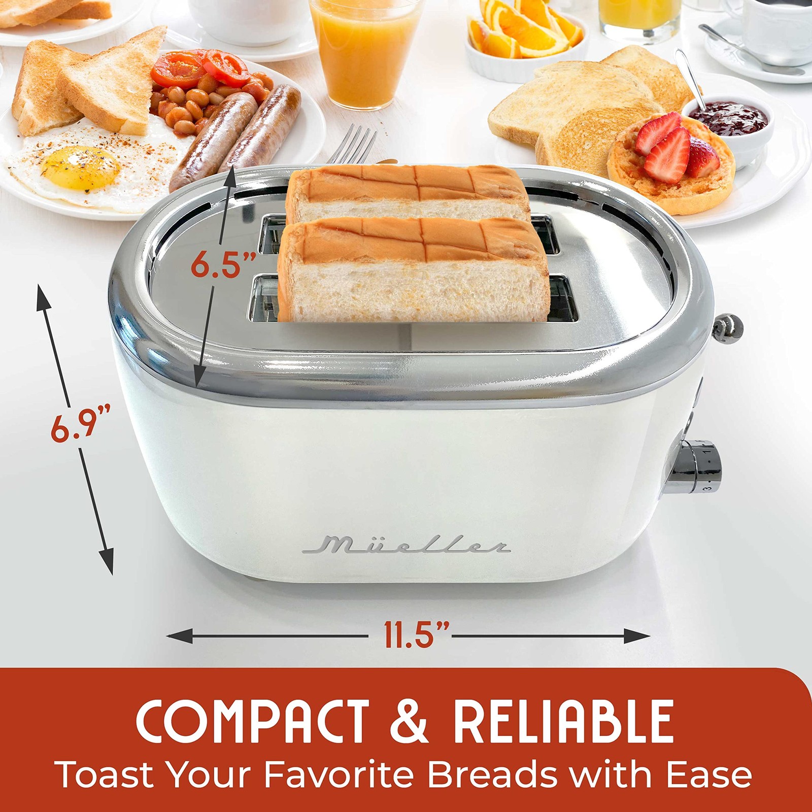 MUELLER HOME Retro Toaster 2 Slice, 7 Browning Levels, 3 2 White