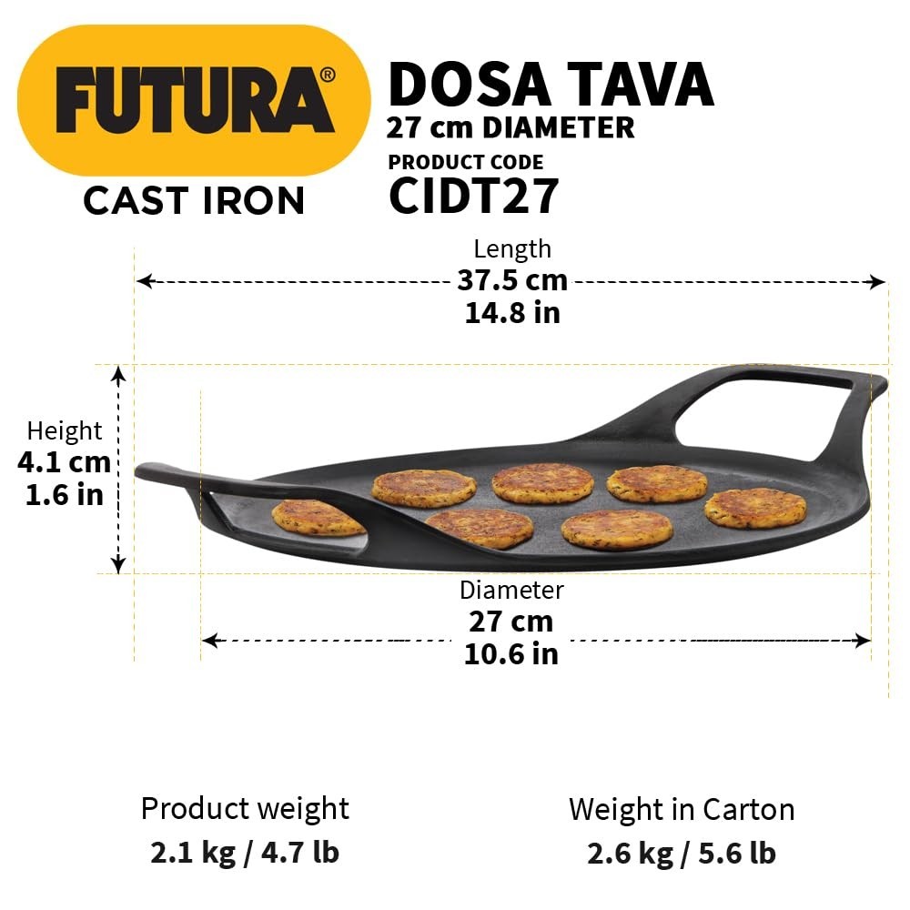 Hawkins Futura Cast Iron Dosa Tava, Pre-Seasoned Flat Griddle Pan, Black