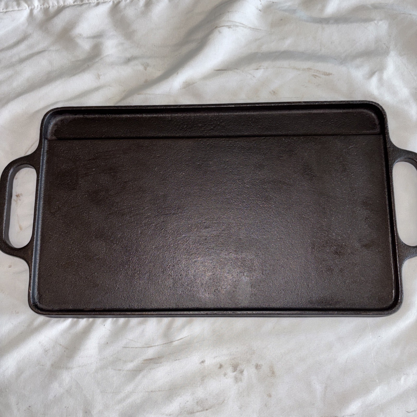 RESTORED Rectangular Cast Iron Double Burner Griddle, Reversible SEASONED