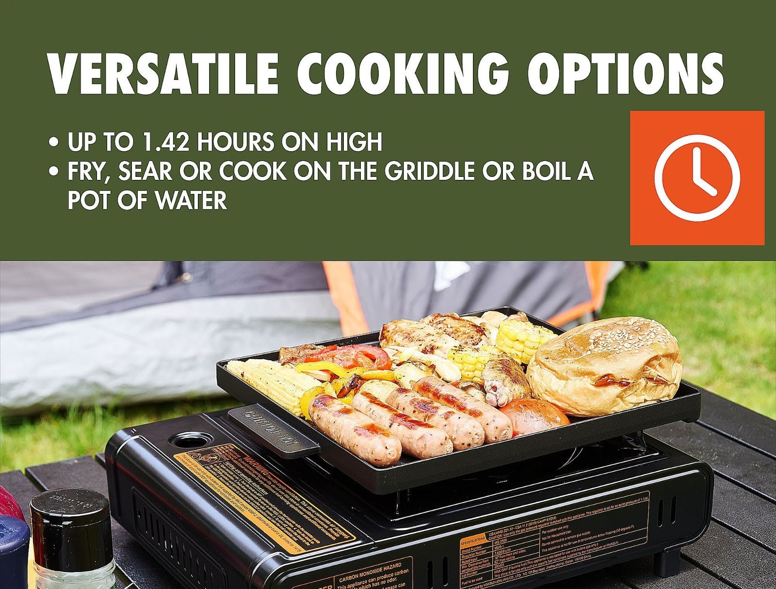 2-in-1 Butane Griddle, Black, 7,650 BTU, Piezo-Electric 2.2kW, Outdoor Cooking