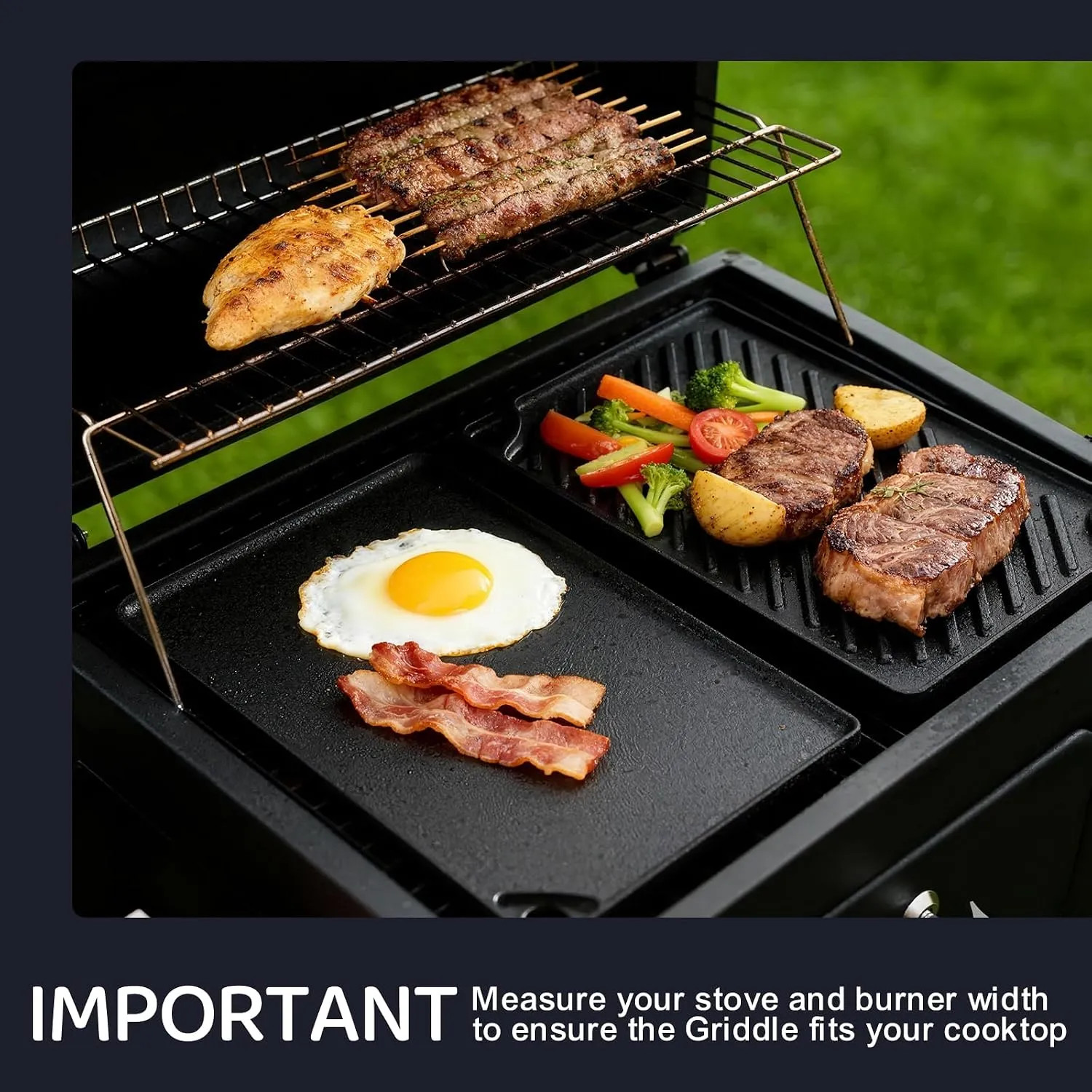 Reversible Cast Iron Grill Griddle 16.7×9.5 Inch Double Burner Stovetop Cookware