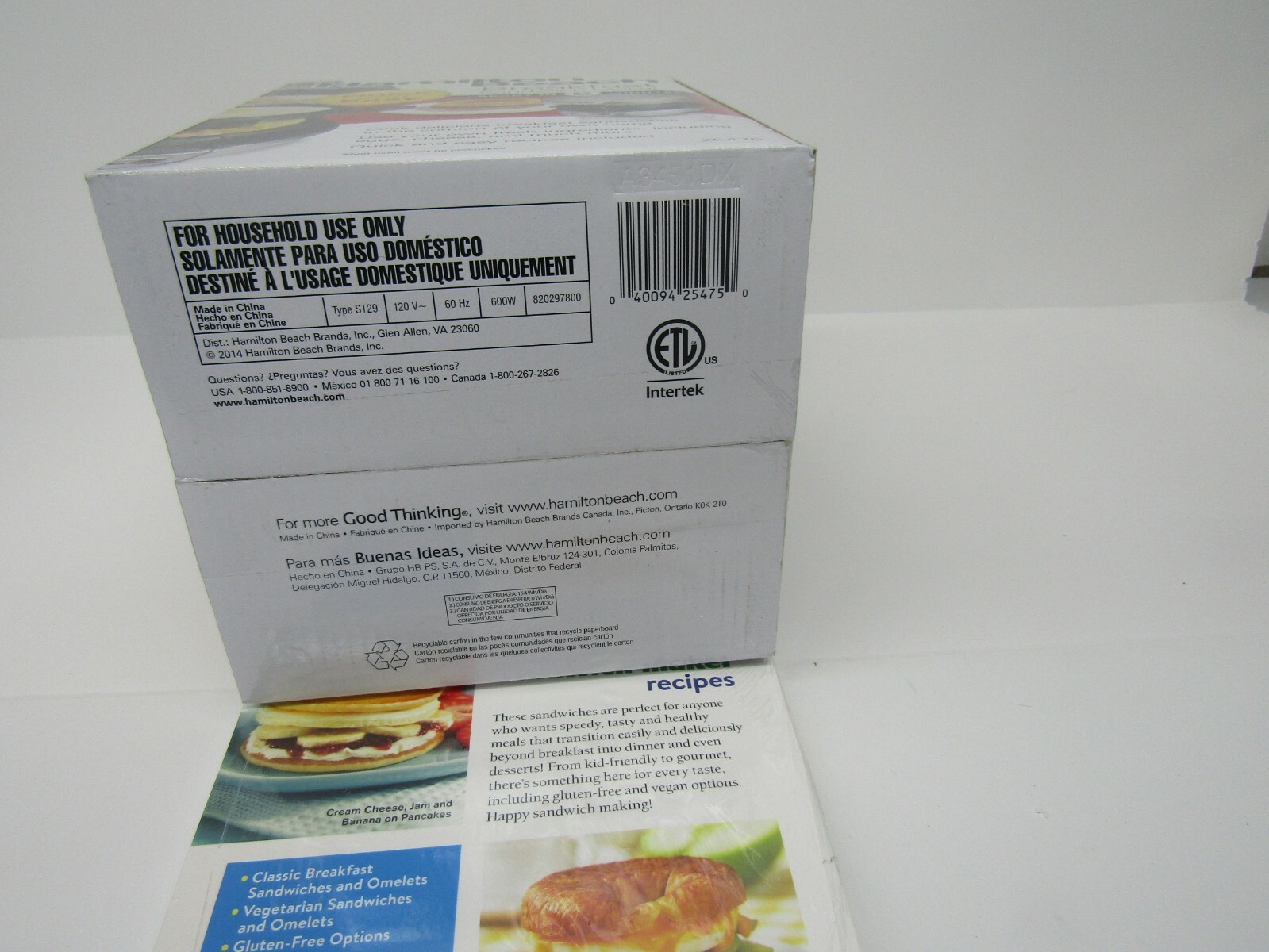 Hamilton Beach Breakfast Sandwich Maker 25475 Egg McMuffin Style St29 & Cookbook