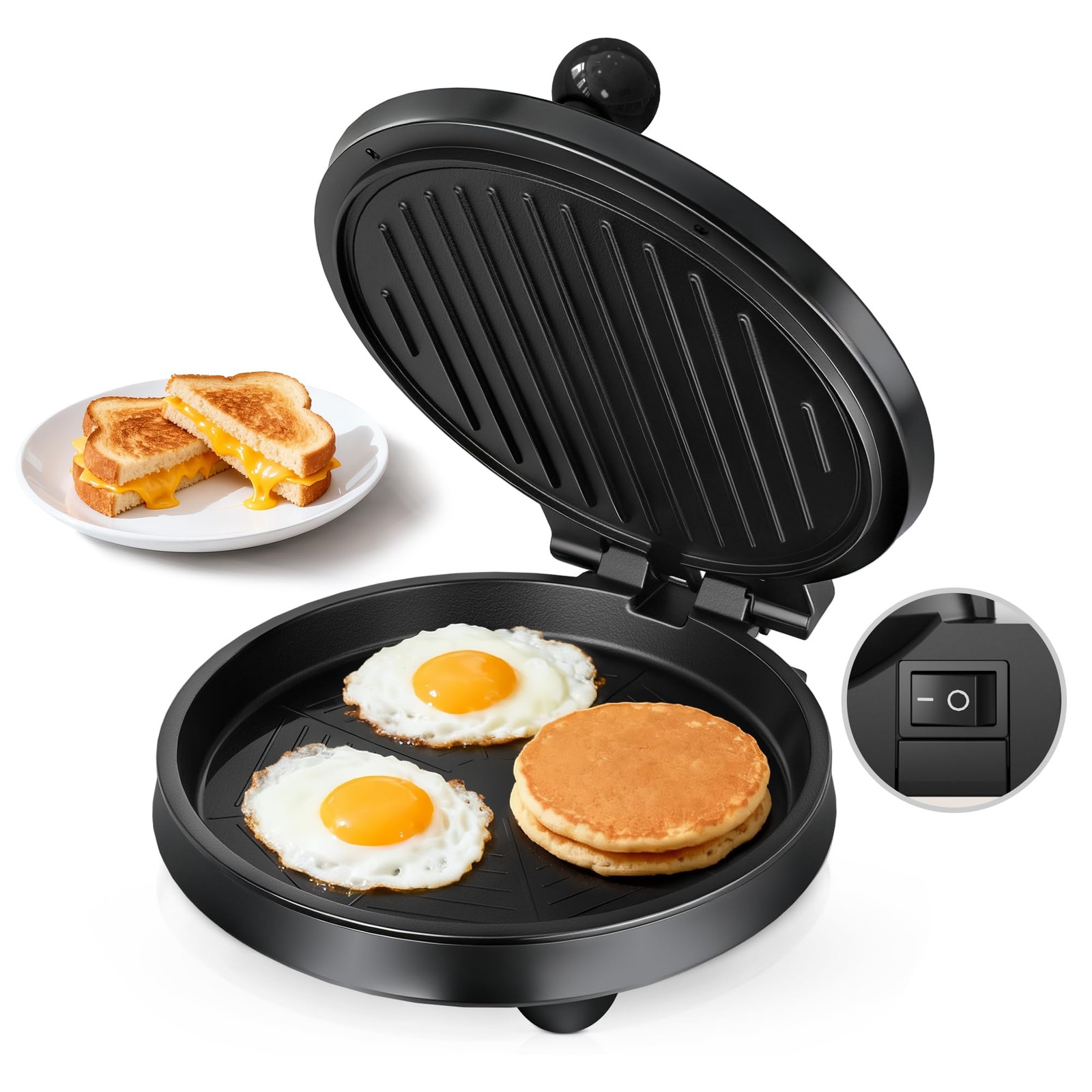 Black 3-in-1 Electric Griddle Panini Press 8 Inch Nonstick Sandwich Maker