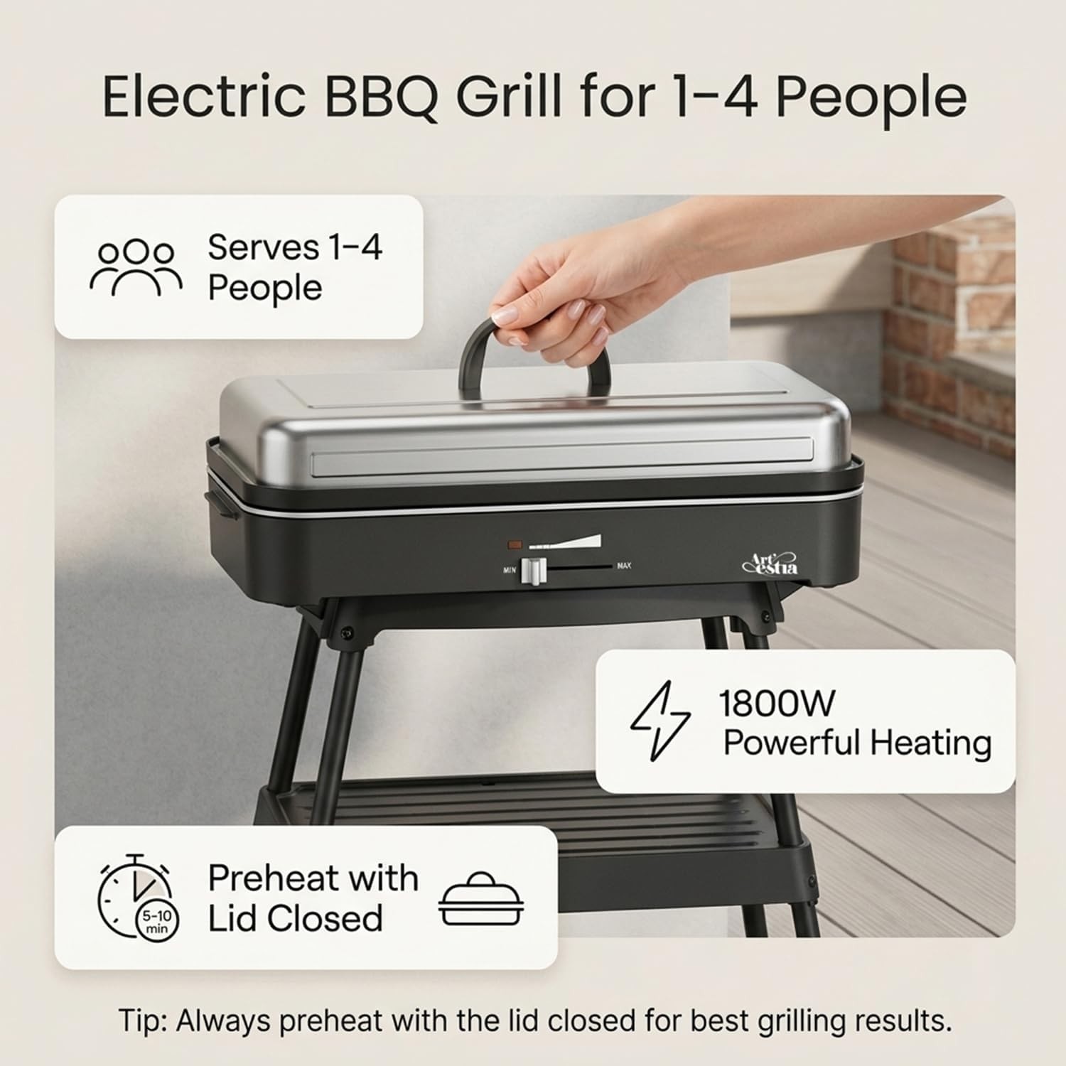 1800W Compact Electric Grill for Apartment Balcony, Smokeless