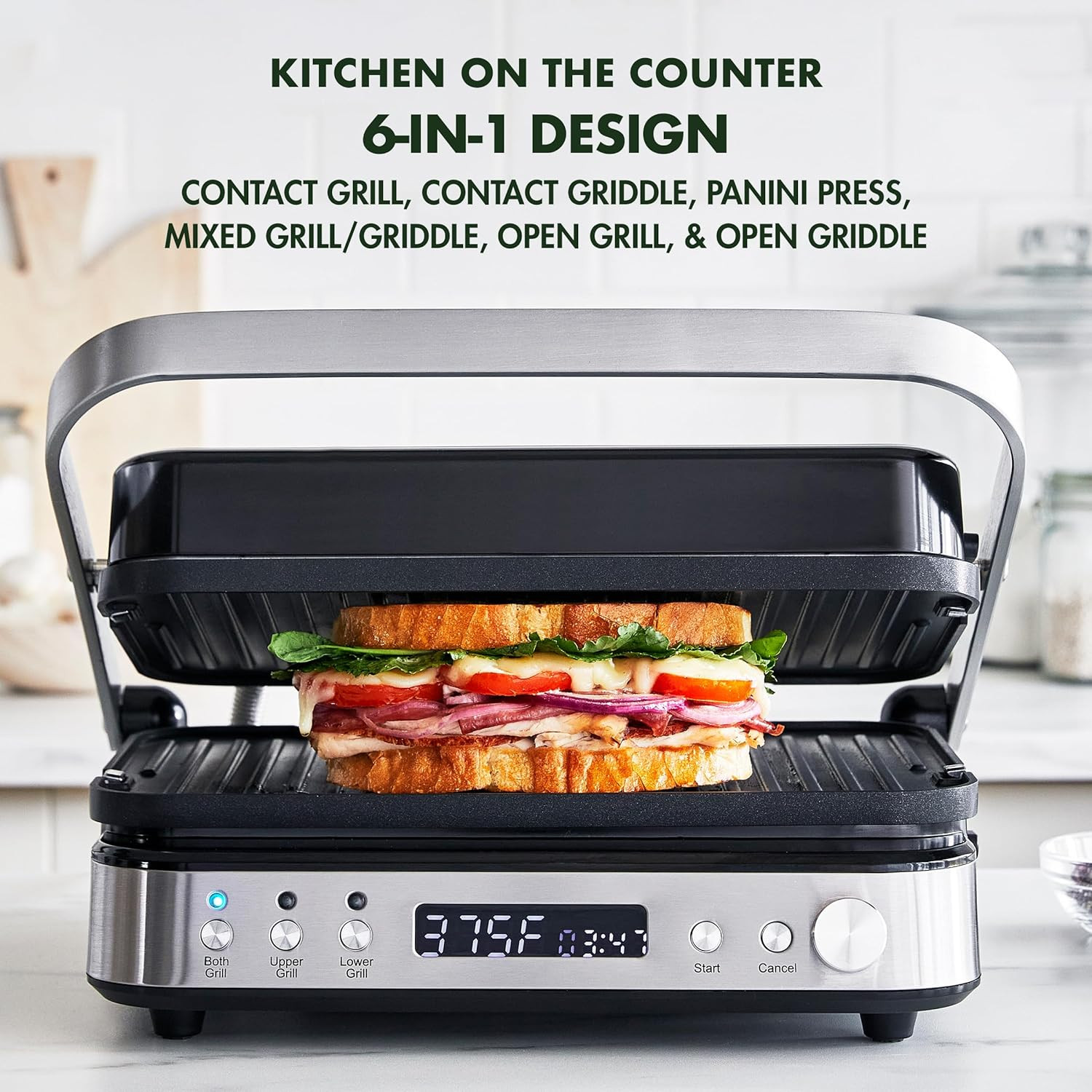 Electric Indoor Stainless Steel 6-In-1 Contact Grill and Griddle, Healthy Cerami
