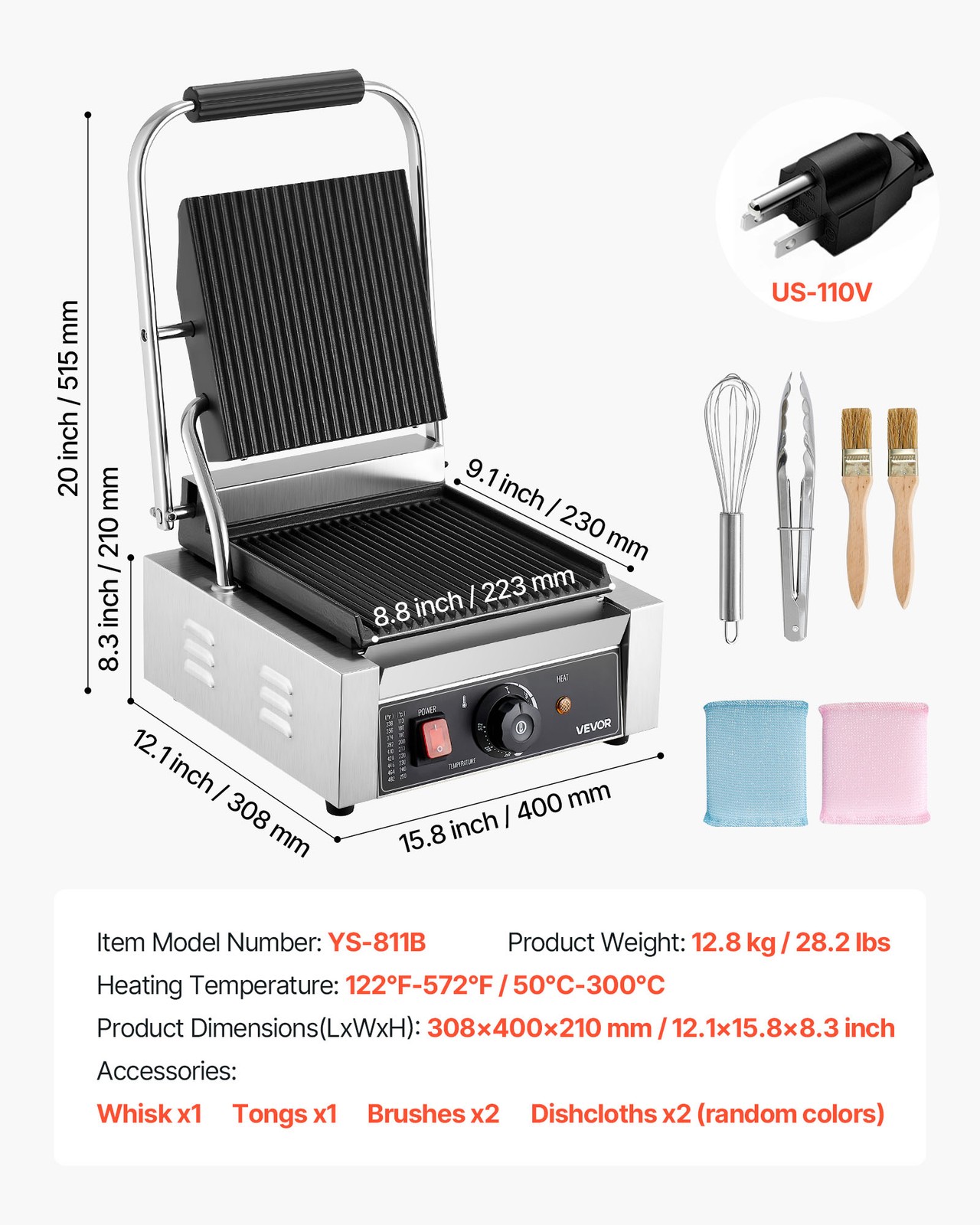 VEVOR Commercial Panini Press Grill Electric Sandwich Maker Griddle Plate8.8x9in