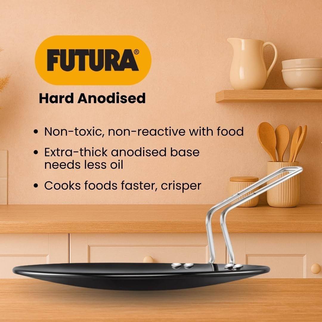 Hawkins Futura 28 cm Tava, Hard Anodised Tawa w/ Stainless Steel Handle – Black