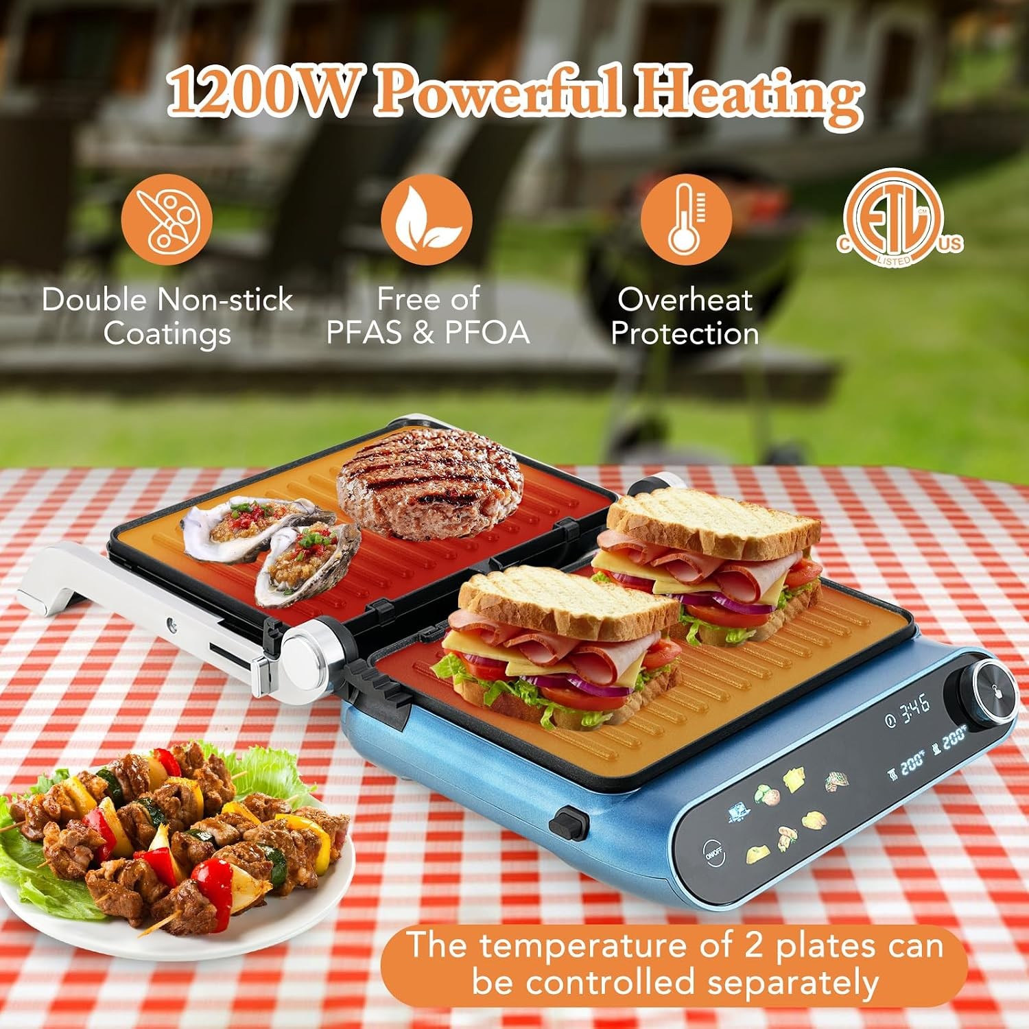 Panini Press 1200W Sandwich Maker W/ LED Touch Panel Non-Stick Coated Plates &