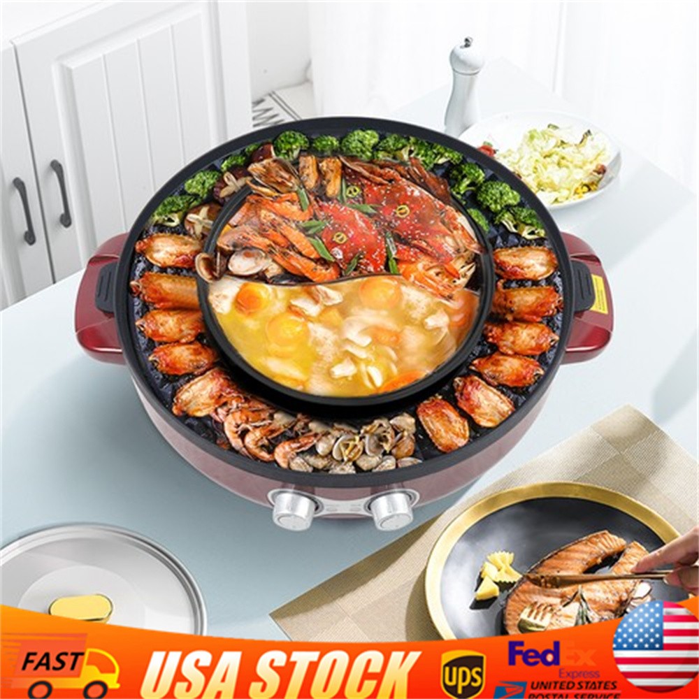 2 in 1 Electric Smokeless Grill and 110V Hot Pot BBQ Grill Soup Shabu Pot 2200W
