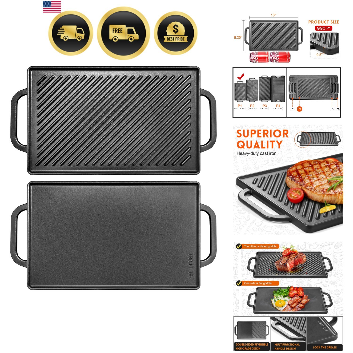 Cast Iron Reversible Grill Griddle，Double Sided Grill Pan Perfect for Gas Gri…