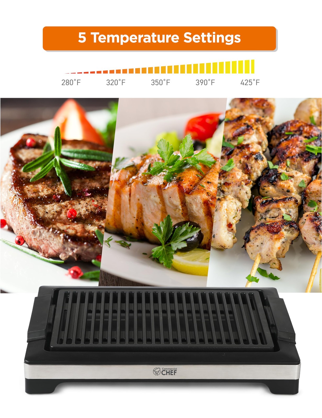 Commercial Chef Indoor Grill For Tabletop Countertop Or Kitchen 1600W Electric