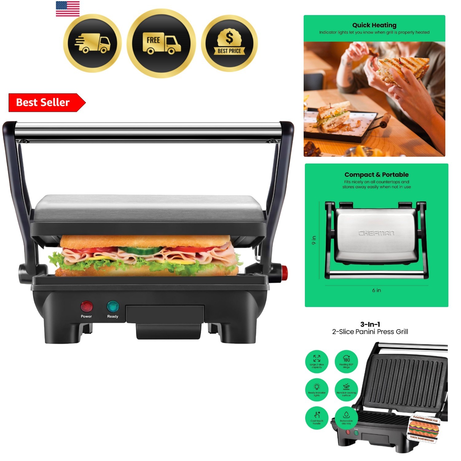 Electric Panini Press Grill, Compact 2-Slice Sandwich Maker, Non-Stick Coated…