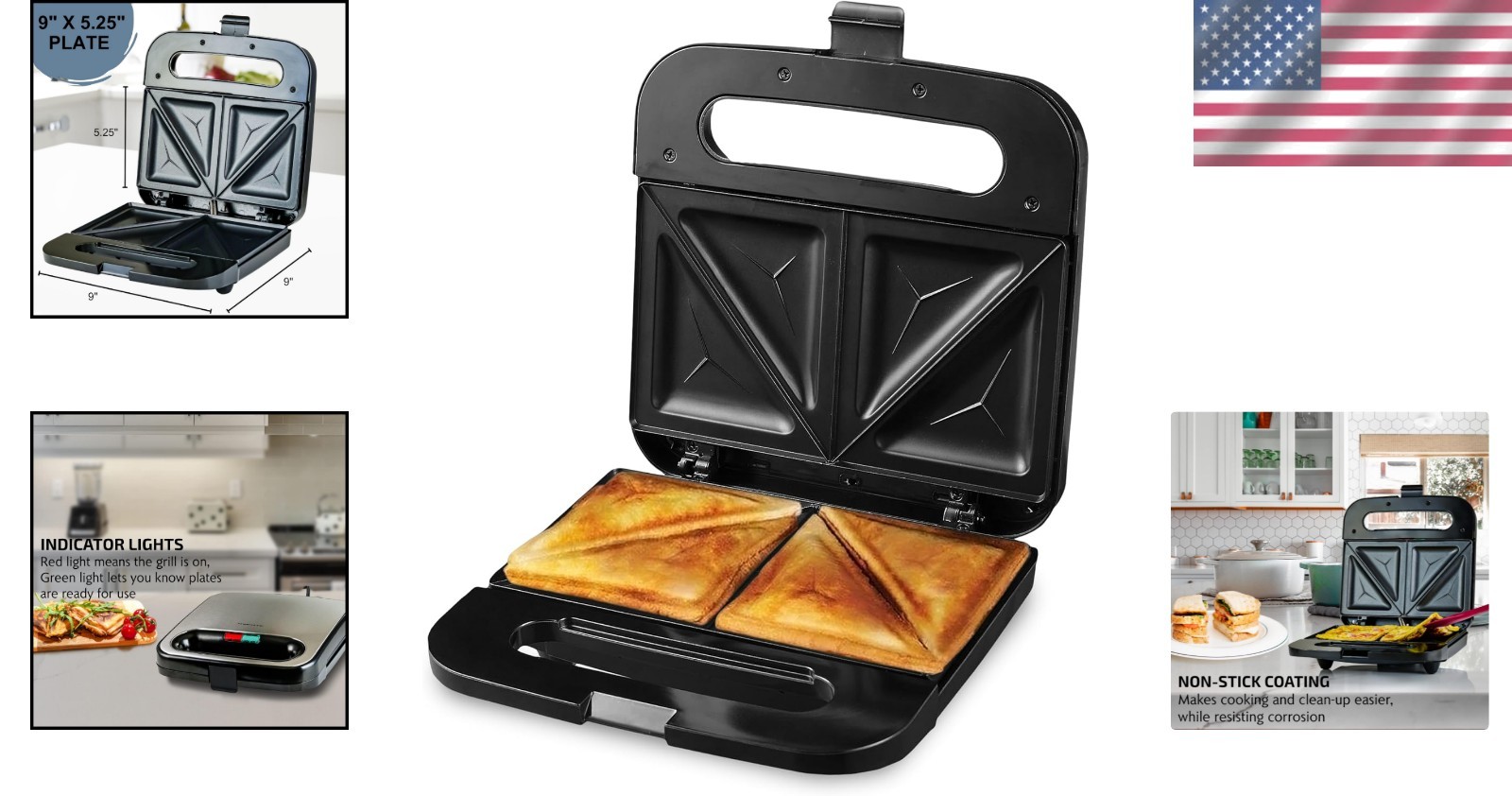 Compact 750W Electric Sandwich Maker with Non-Stick Plates for Quick Meals