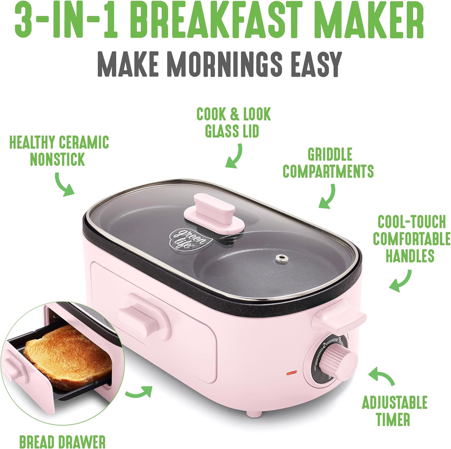 3-In-1 Breakfast Maker Station, Healthy Ceramic Nonstick Dual Griddles for Eggs