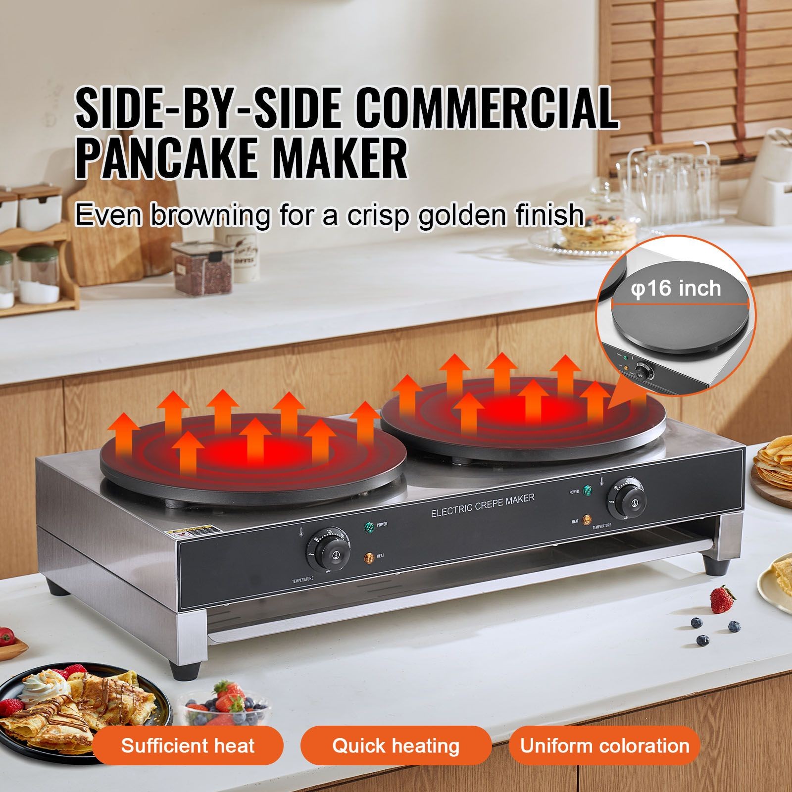 Dual 16in Crepe Maker, Nonstick Stainless 3400W