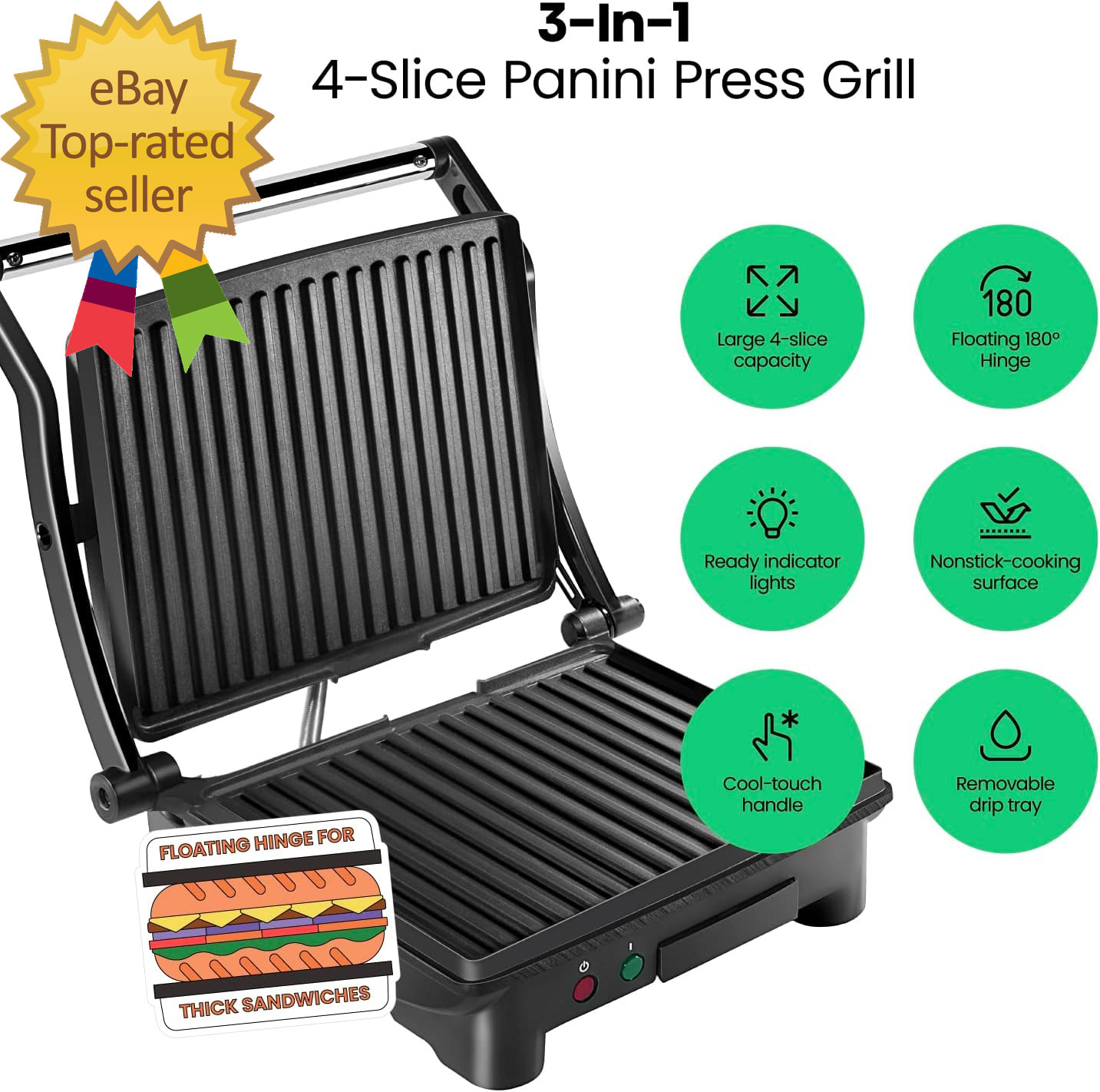 Panini Press Grill and Gourmet Sandwich Maker Non-Stick Coated Plates, Opens 180