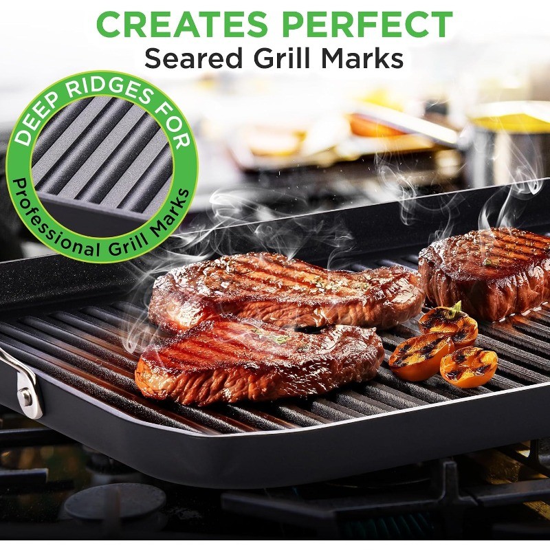 Stove Top Grill Pan – Double Burner, Hard-Anodized Non stick Grill & Griddle Pan