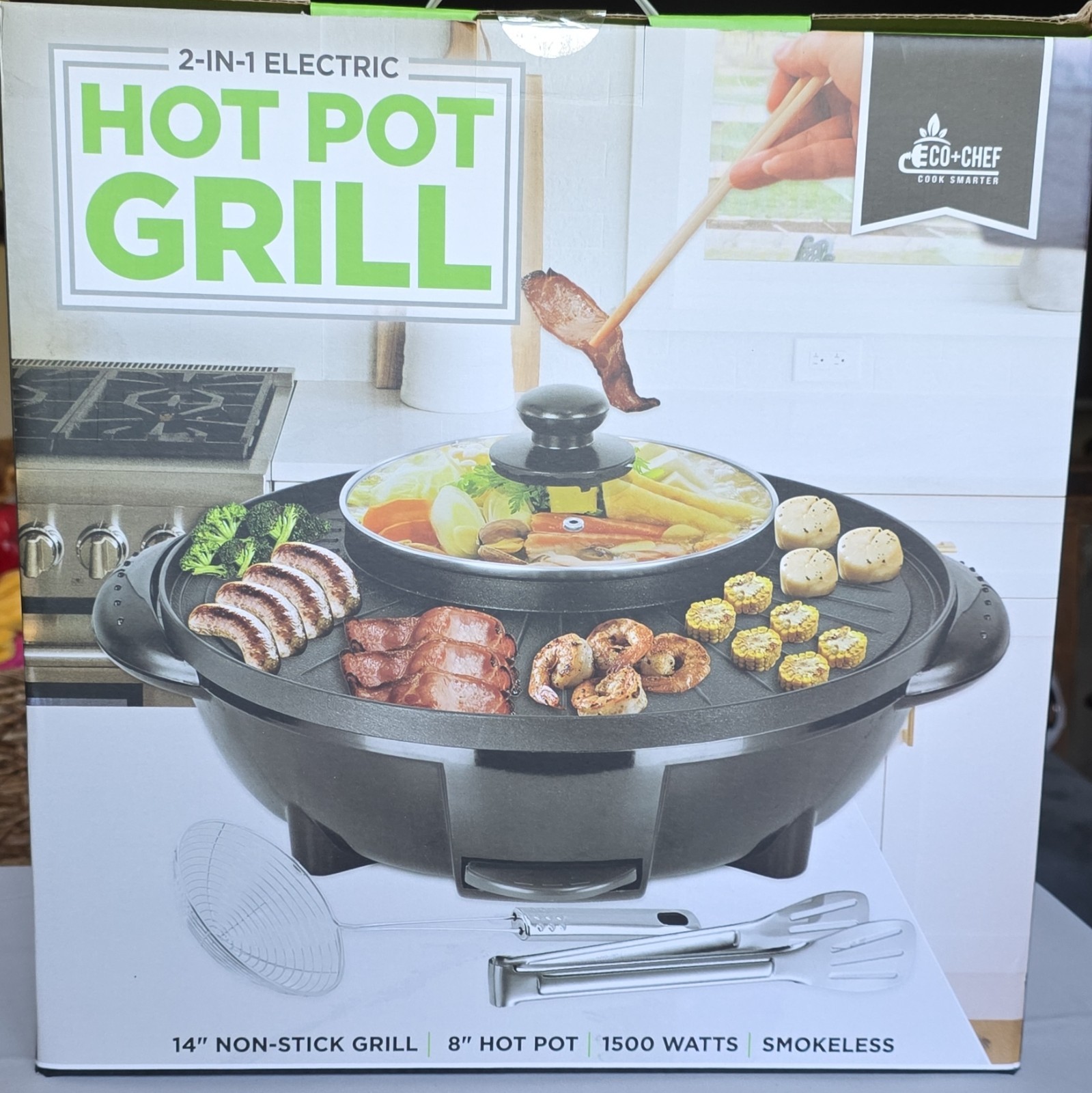 ECO+CHEF 2-in-1 Electric Hot Pot Grill 14in 1500W Smokeless Non-Stick