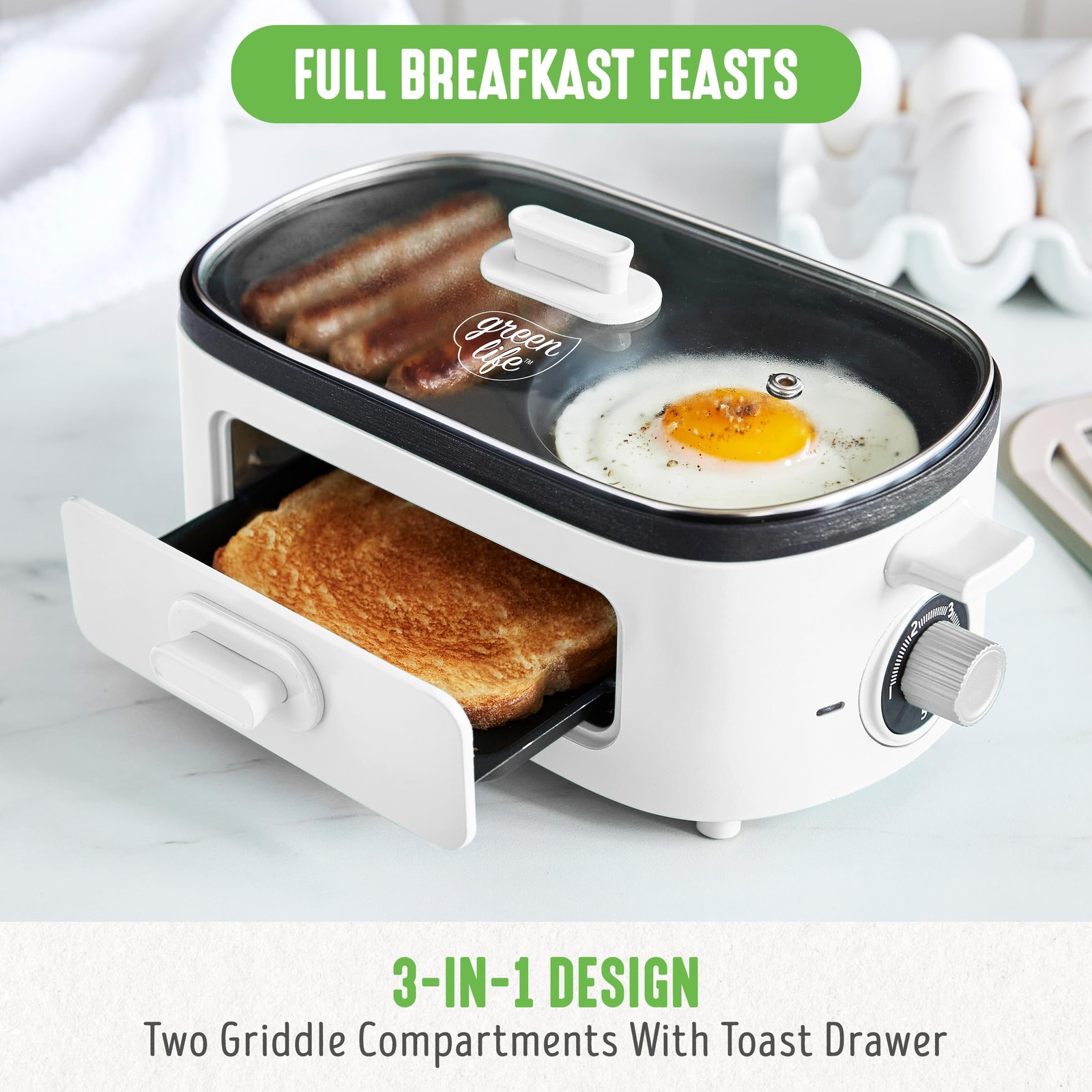 GreenLife 3-in-1 Breakfast Maker Station, Healthy Ceramic Nonstick Dual Gridd…
