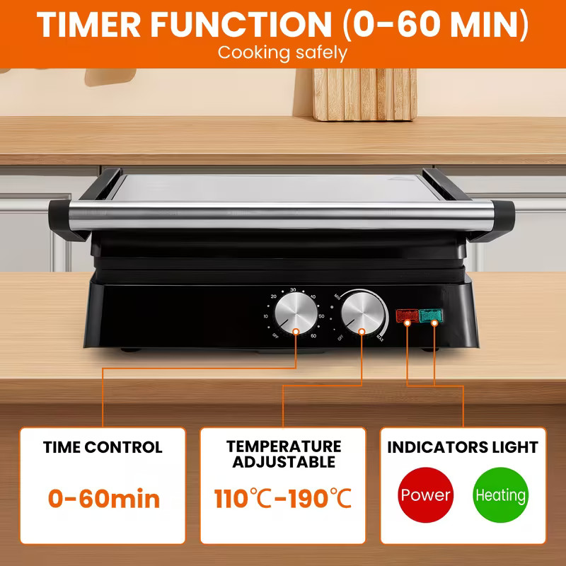 3-in-1 Electric Indoor Grill – Panini Press with Non-Stick Cooking Plates, Opens