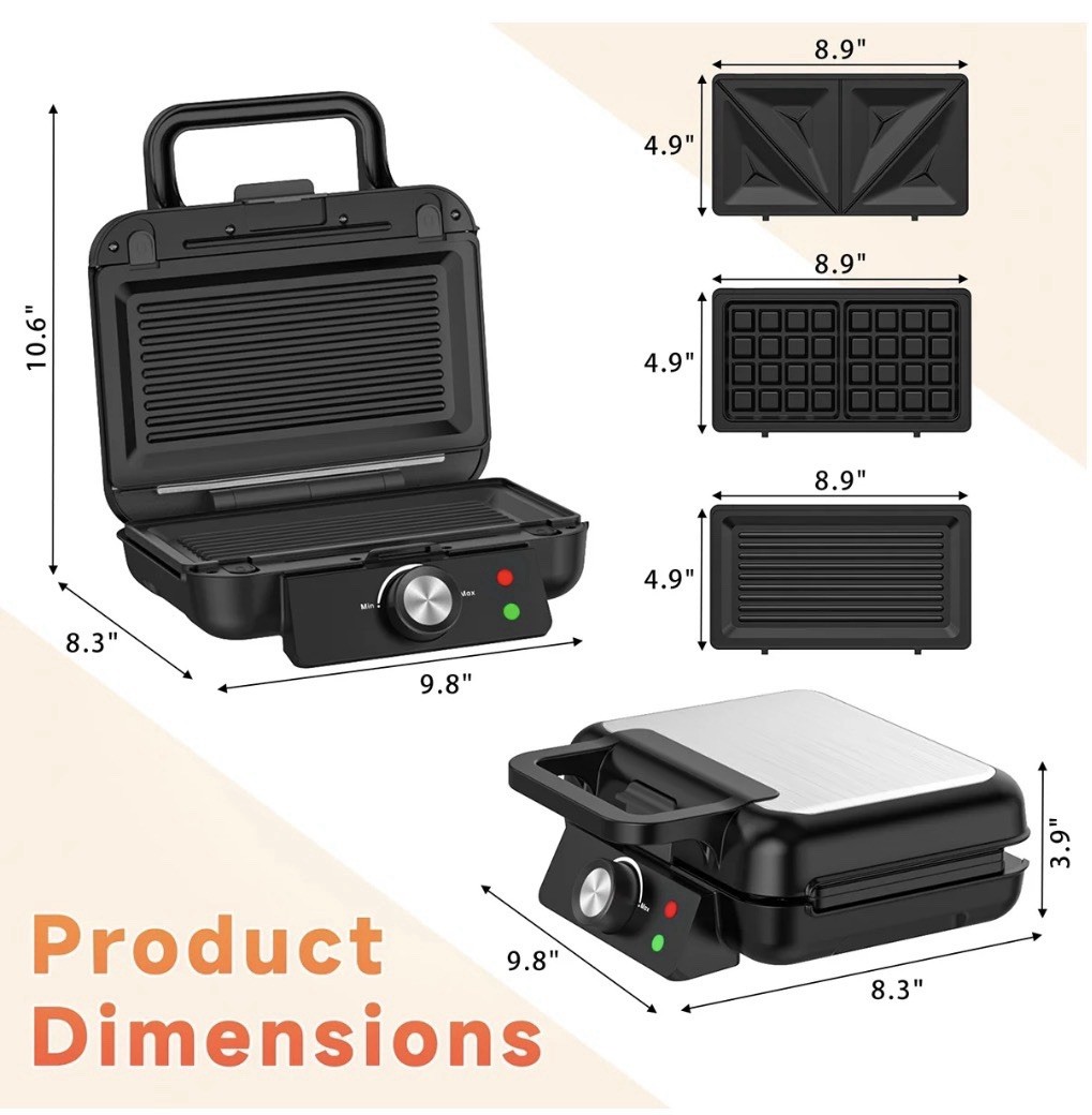 3-in-1 Sandwich Maker 1000W Panini Press Grill Waffle Non-Stick Black