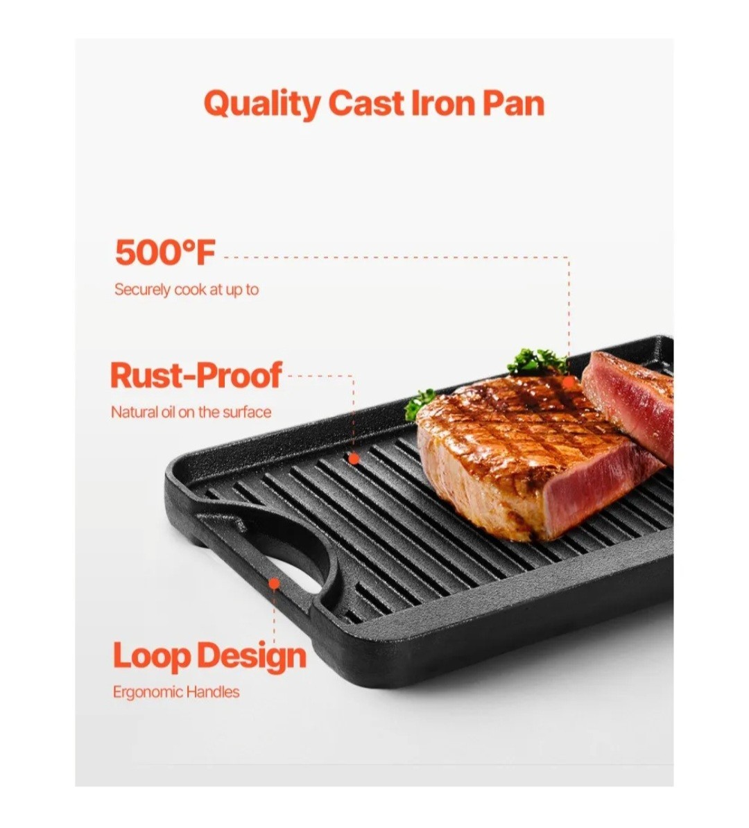 VEVOR Reversible Grill/Griddle, 14×8.5 inch Pre-Seasoned Cast Iron Griddle, Port