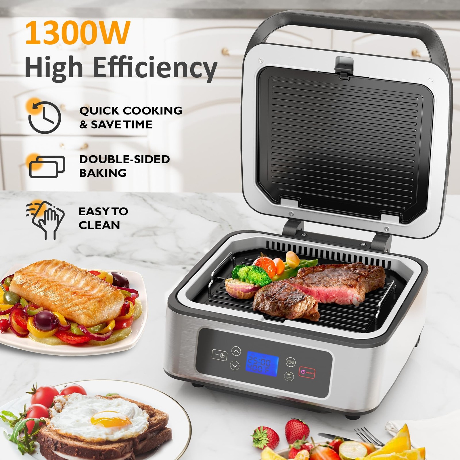 Sunvivi 1300W Smokeless Grill Indoor Auto-Lift, Electric Panini Press Griddle