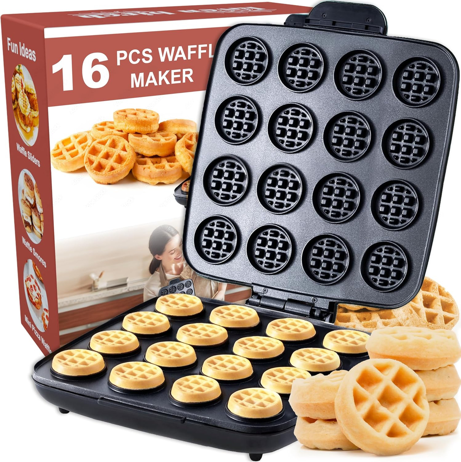 Mini Waffle Maker Machine 16 Hole Nonstick Compact Quick Heat Up Small Bites for