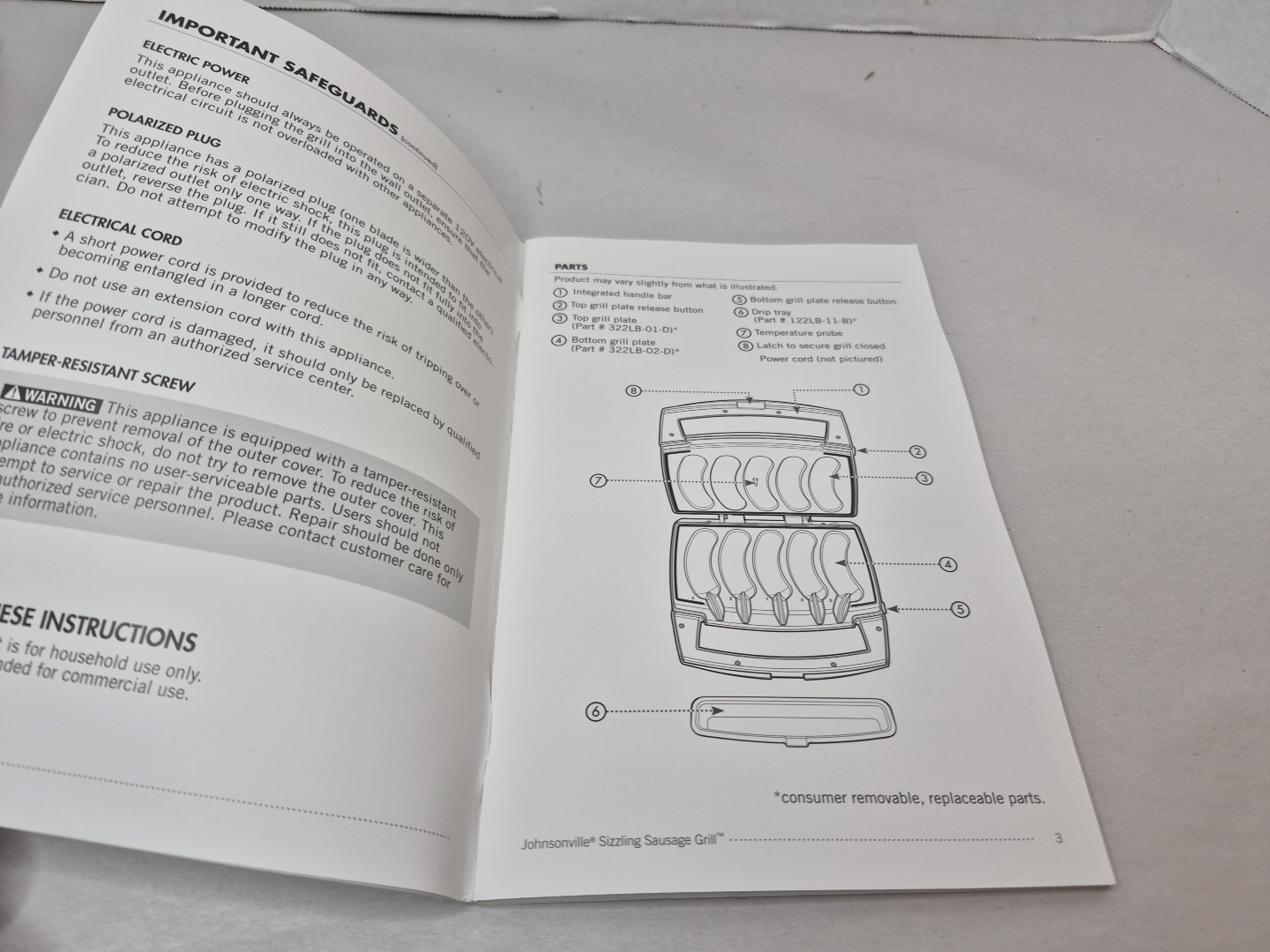 Johnsonville Sizzling Sausage Grill BTG-0498 Original Manual With Quick Guide