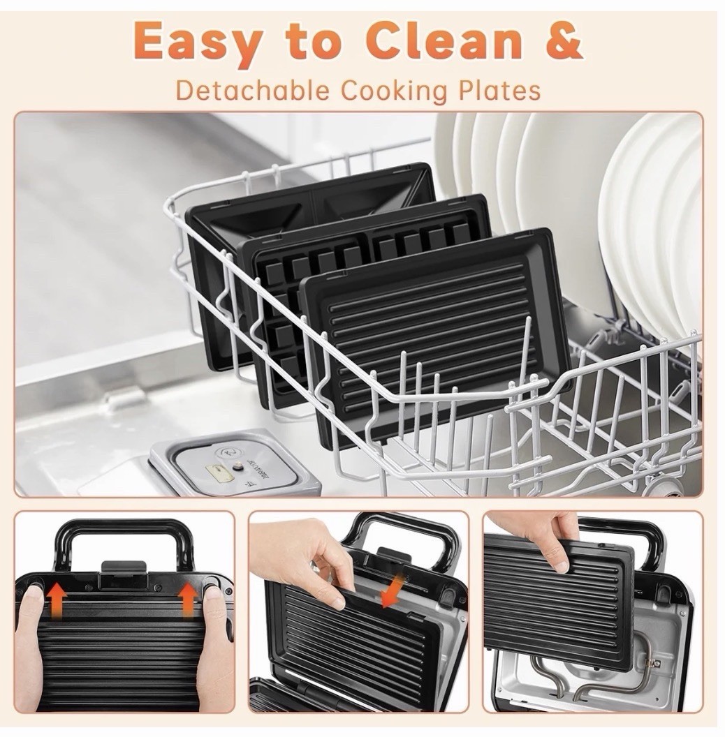 3-in-1 Sandwich Maker 1000W Panini Press Grill Waffle Non-Stick Black