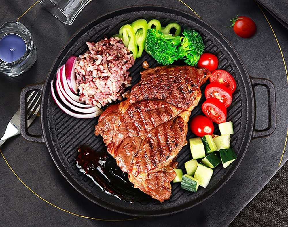 12 Inch Cast Iron Griddle 2-in-1 Reversible Grill Plate Skillet Handle