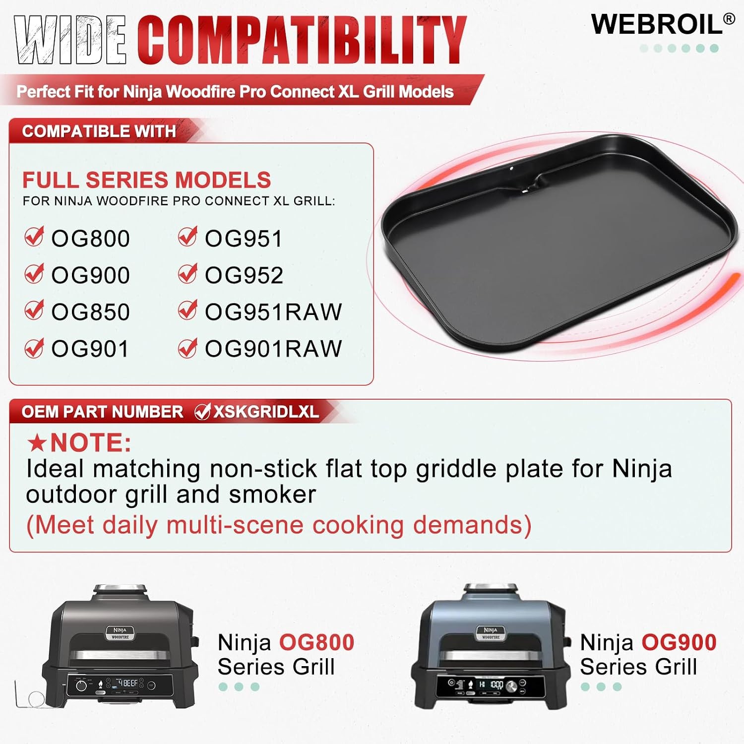 OG951 Griddle Pan for Ninja Woodfire Pro Connect XL Grill OG850 OG901 OG952​