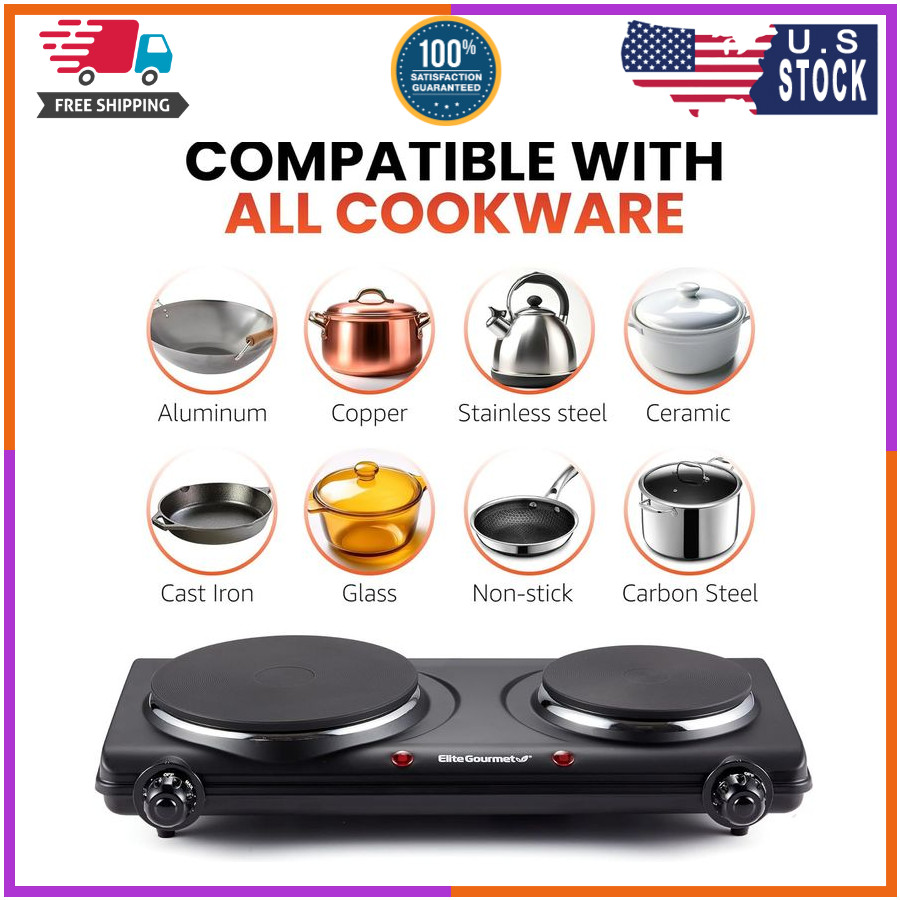 Elite Gourmet EDB-302BF# Countertop Double Cast Iron Burner, 1500 Watts Electric