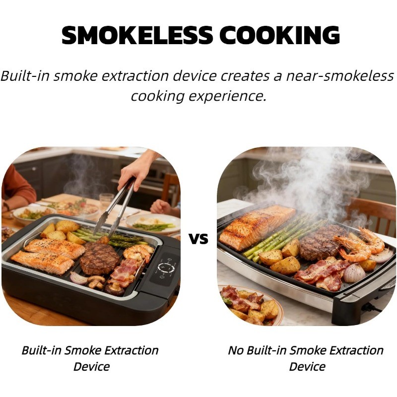 Indoor Smokeless Grill & Griddle, 1100W Electric Gill for BBQ, Smoke Extraction