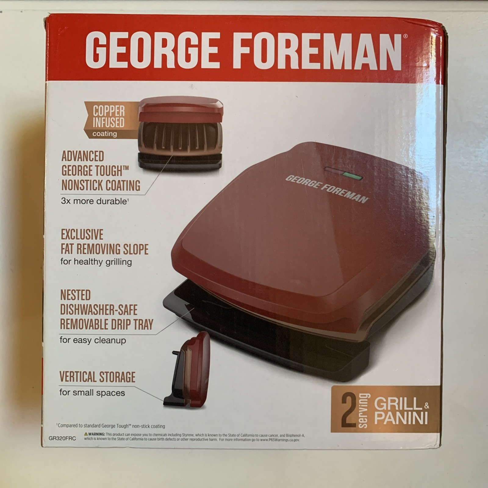 George Foreman 2 Serving Grill Panini Press Copper Infused Nonstick GR320FRC Red