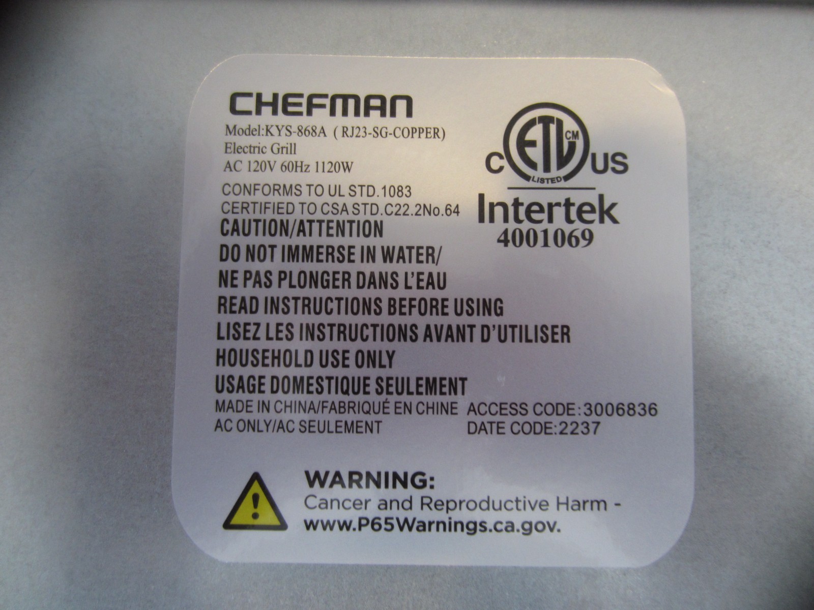 Chefman RJ23-SG-COPPER Electric Indoor Smokeless Grill Brand New