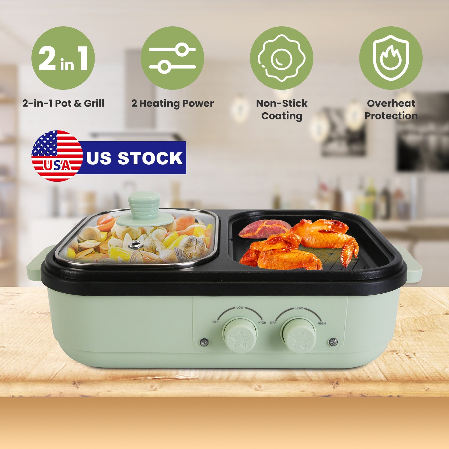 Electric Hot Pot w/ Grill Model&Glass Lid Fast Heating Cooker Serving 1-2 People
