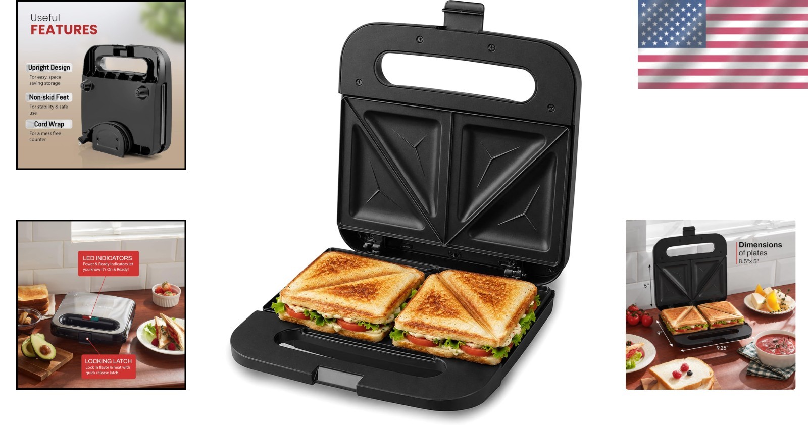 Stainless Steel Compact Panini Maker with Non-Stick Plates & Indicator Lights