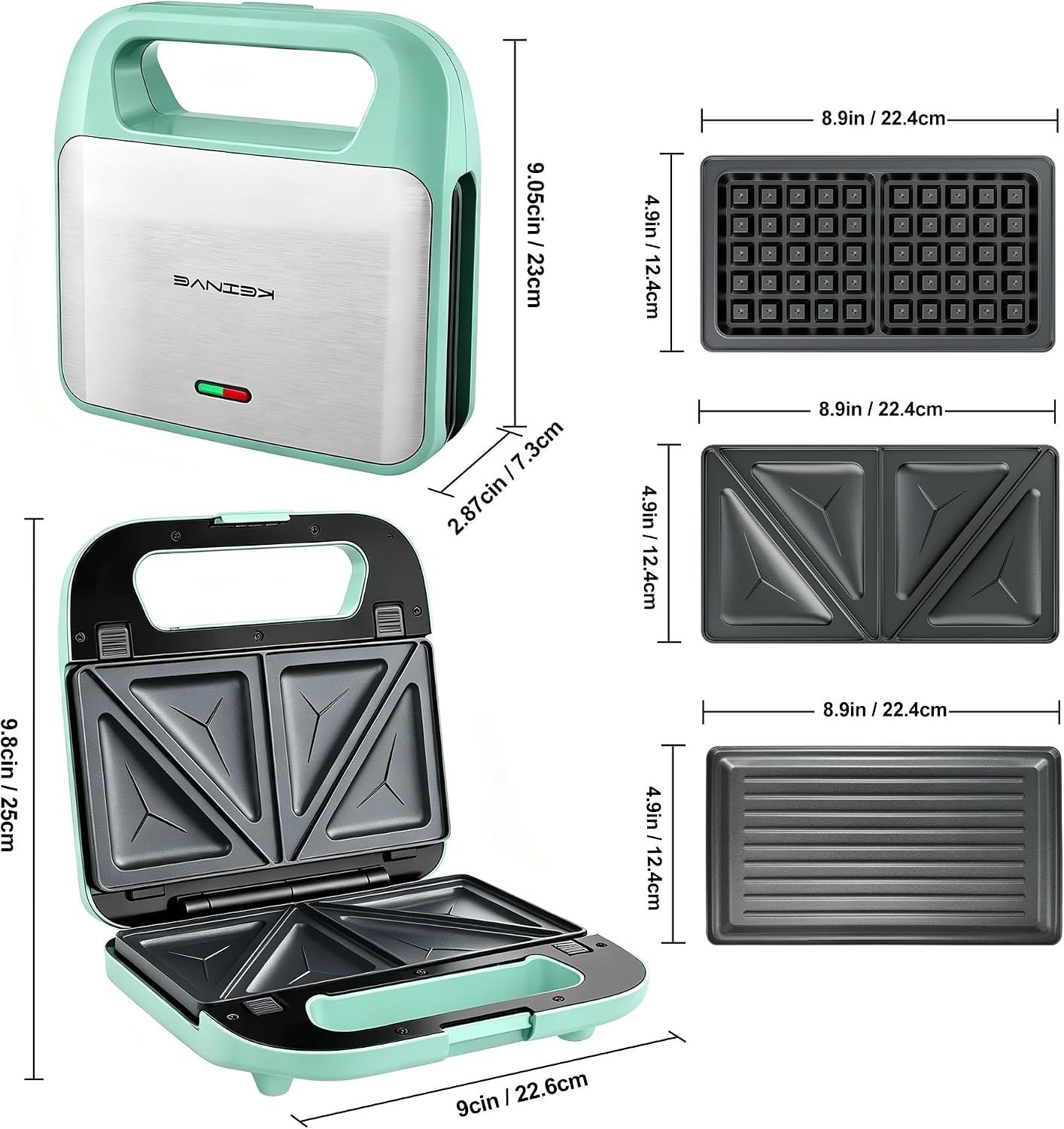3-in-1 Sandwich Maker, Waffle Maker and Panini Press Grill, Aqua