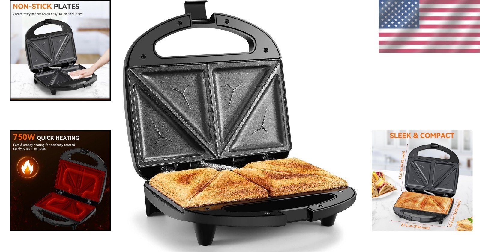 750W Non-Stick 2 Slice Sandwich Maker with Cool Touch for Perfect Grilled Cheese